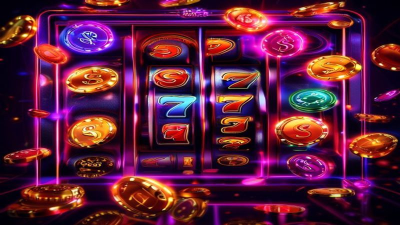 Màn hình slot với biểu tượng thưởng và vòng quay miễn phí